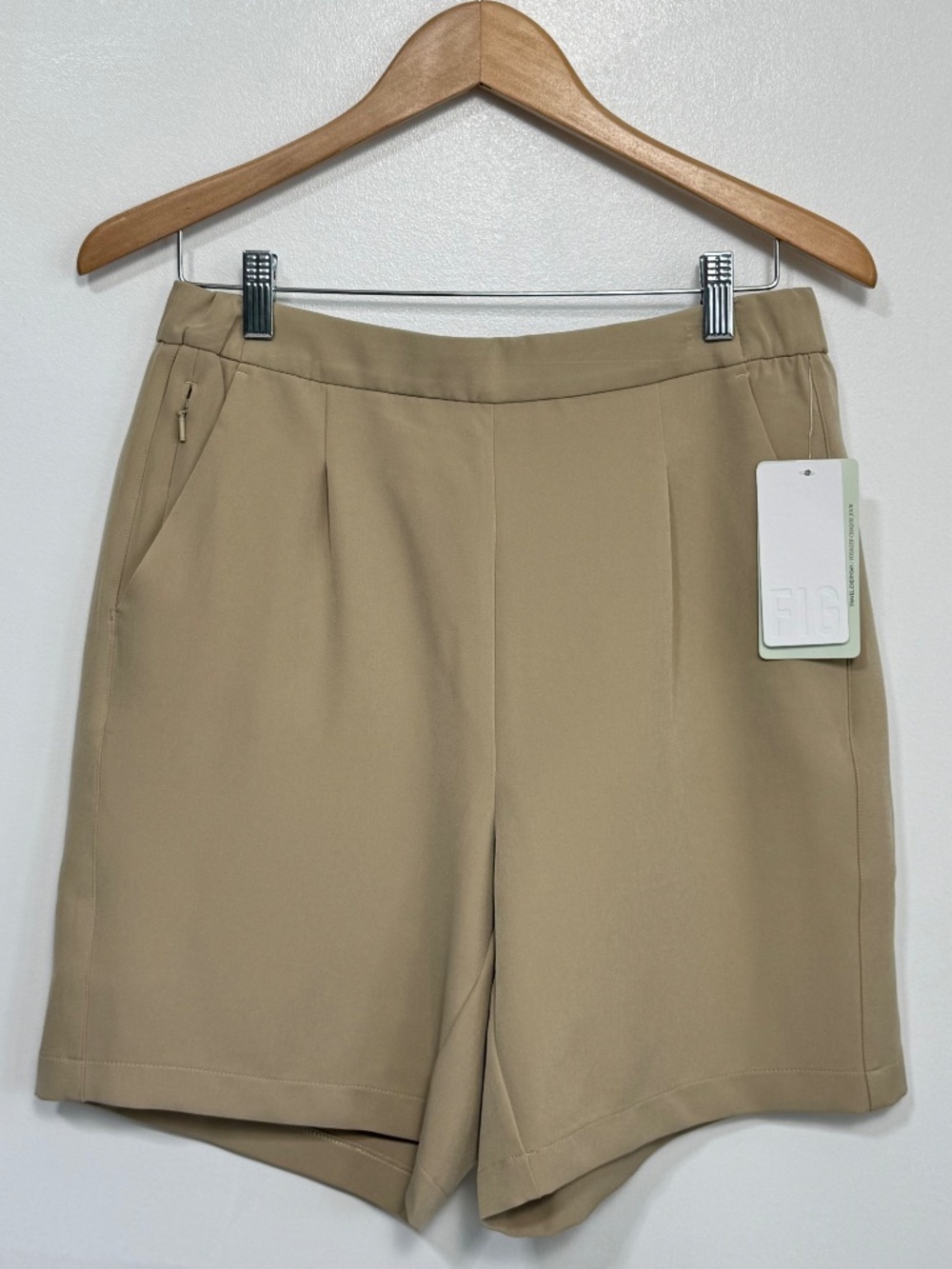 FIG Clothing Alviso Bermuda Shorts in Stone, Pleated Comfort Stretch, Size M